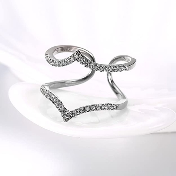 Adjustable Cubic Zirconia V Paving Open Platinum Plated Ring - Picture 5 of 13